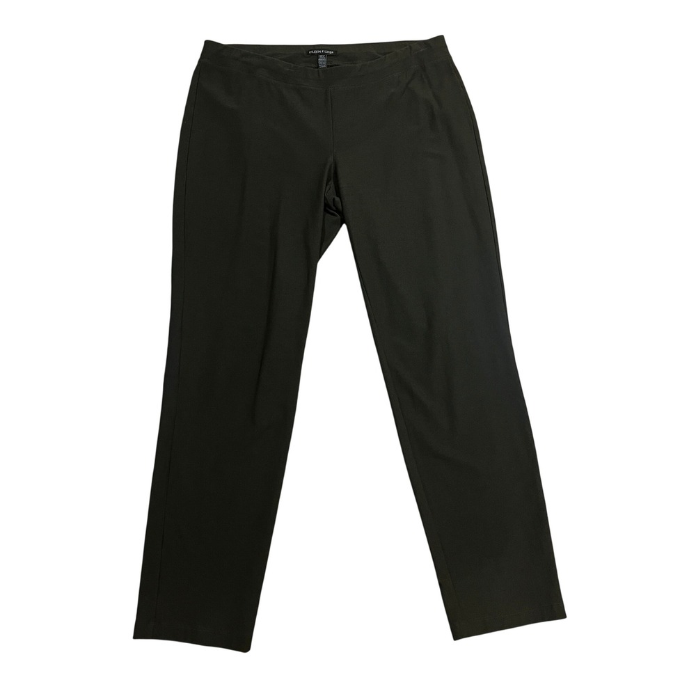 Eileen Fisher Pull On Olive Green Stretch Crepe Straight Leg Ankle Pants Preppy